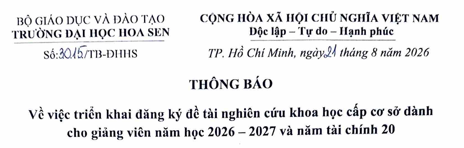 Trường Đại học Hoa Sen tài trợ đề tài nghiên cứu cấp cơ sở cho giảng viên năm học 2026 -2027